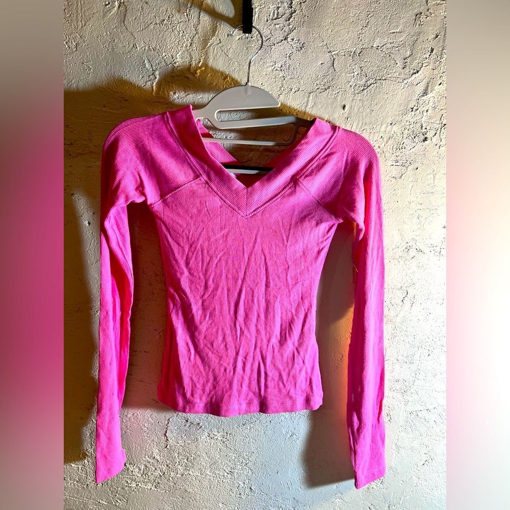 Pink Long Sleeve V-Neck Top, layering vneck front and back, beautiful hot pink